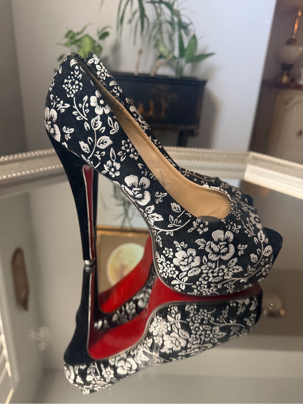Black Floral Peep-Toe Platform Heels with Red Sole